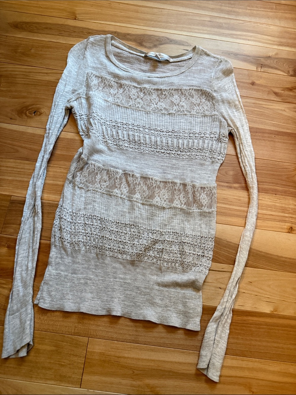 LC Lauren Conrad Light Cream Lace-Panel Long Sleeve Top